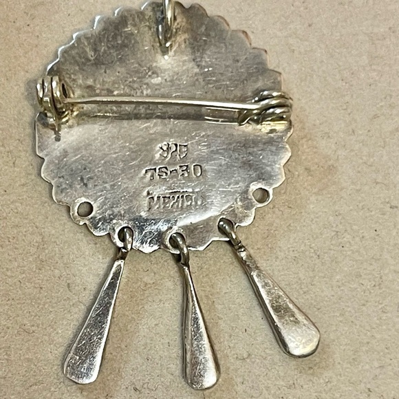 MEXICO 925 STERLING SILVER CRUSHED TURQUOISE INLAY BROOCH PIN PENDANT COMBO - Picture 4 of 7